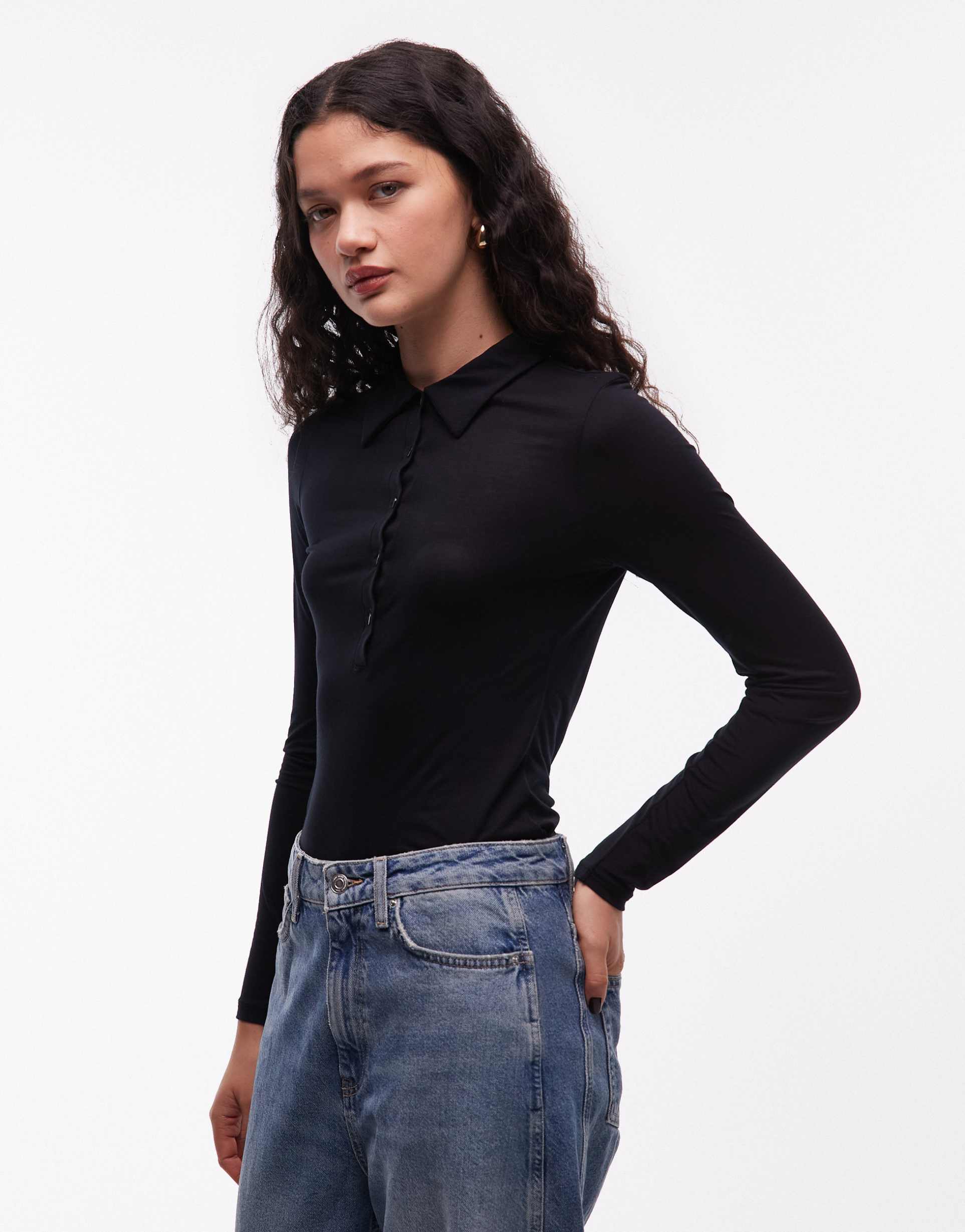 asos design soft semi sheer long sleeve shirt in black