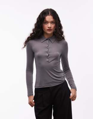 Asos Design Soft Semi Sheer Long Sleeve Shirt In Gray