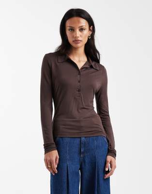 Asos Design Soft Semi Sheer Long Sleeve Shirt In Brown