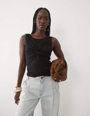 Asos Design Soft Semi Sheer Tank With Ruched Bust Overlay In Black