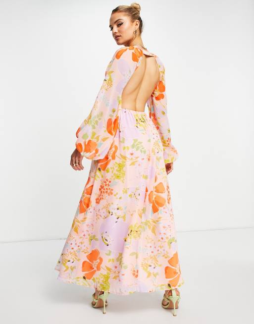 ASOS DESIGN soft shirred waist open back maxi dress in bright floral print