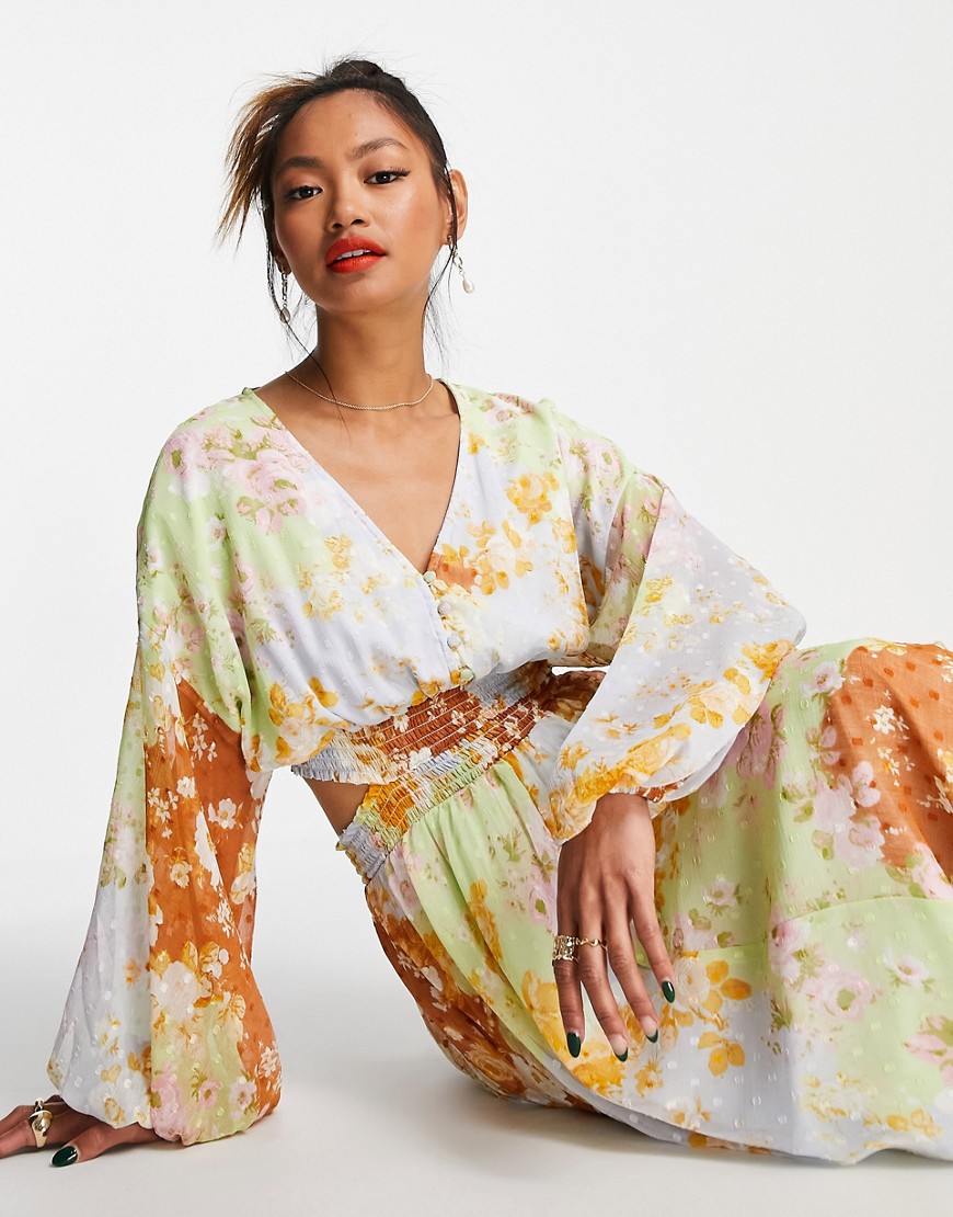 ASOS DESIGN soft shirred waist open back maxi dress in mixed patch floral print texture-Multi