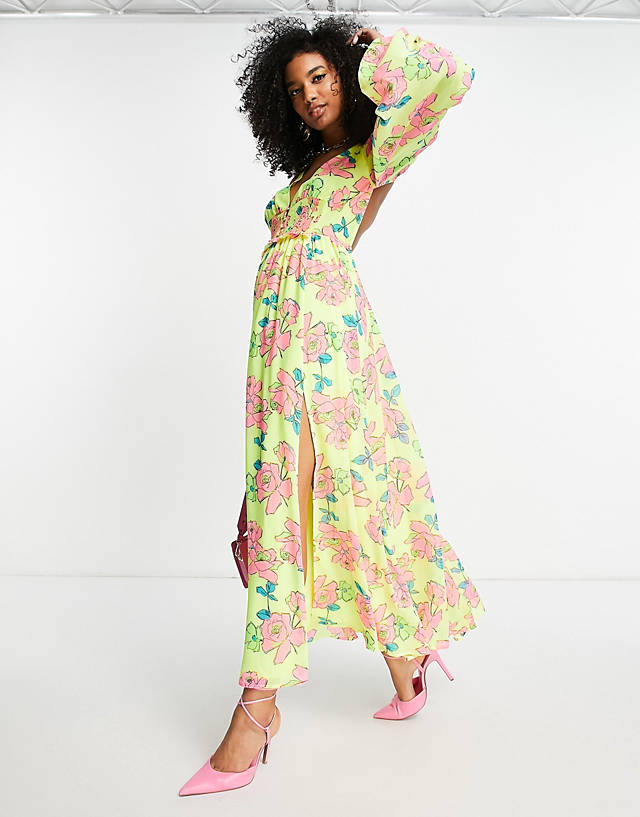 ASOS DESIGN soft shirred waist open back maxi dress in yellow floral