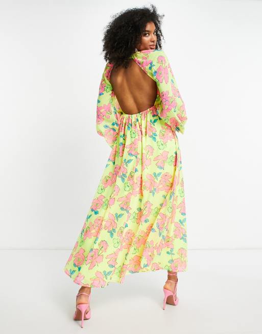 ASOS DESIGN soft shirred waist open back maxi dress in yellow floral