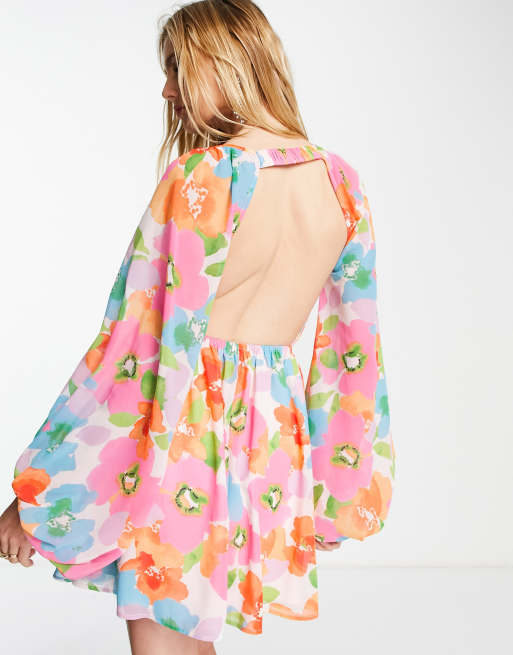 ASOS DESIGN soft shirred waist open back mini dress in bright abstract floral print, 2 of 4