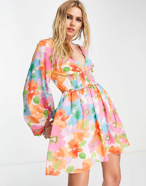 ASOS DESIGN soft shirred waist open back mini dress in bright abstract floral print, 3 of 4