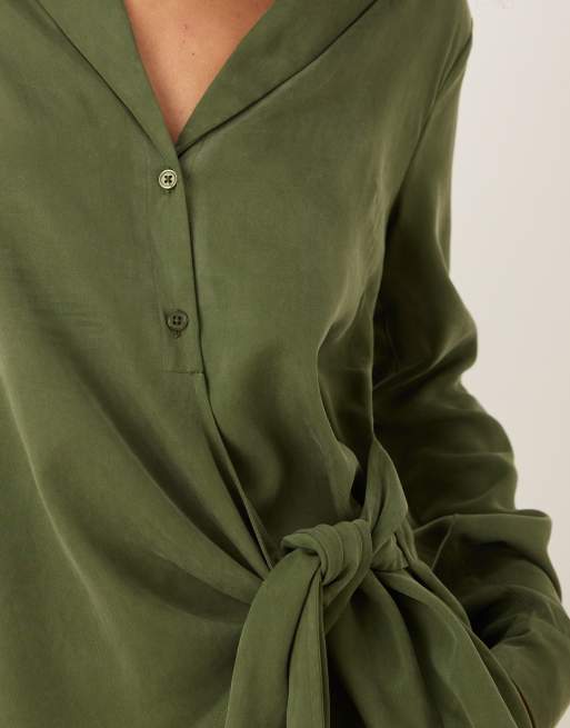 ASOS DESIGN soft shirt with drape front and tie co-ord in khaki, 3 of 4