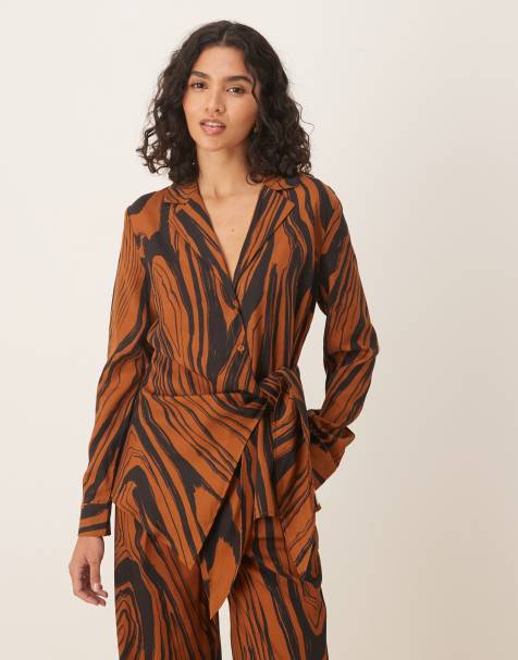ASOS DESIGN soft shirt with drape front and tie co-ord in abstract print