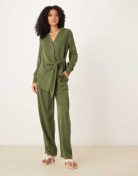 ASOS DESIGN soft shirt with drape front and tie & tapered trousers co-ord in khaki - view 1