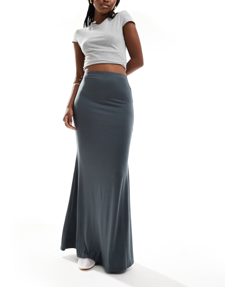 Asos Design Soft Slinky Fishtail Maxi Skirt In Charcoal In Slate Gray