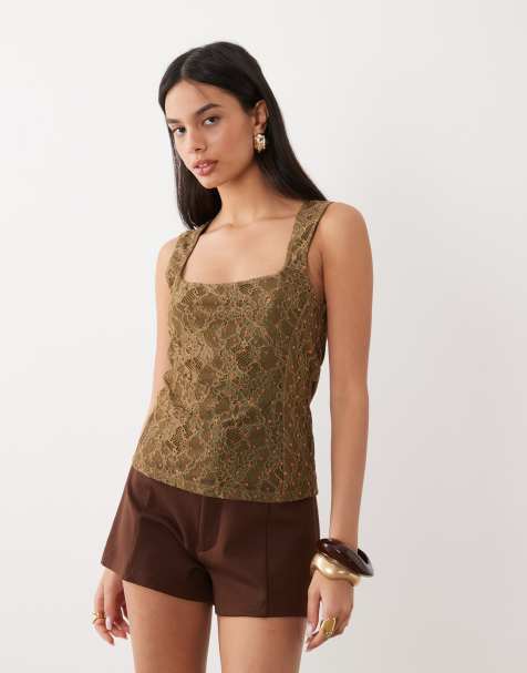 ASOS DESIGN soft square dobby flocked lace singlet in olive - view 1