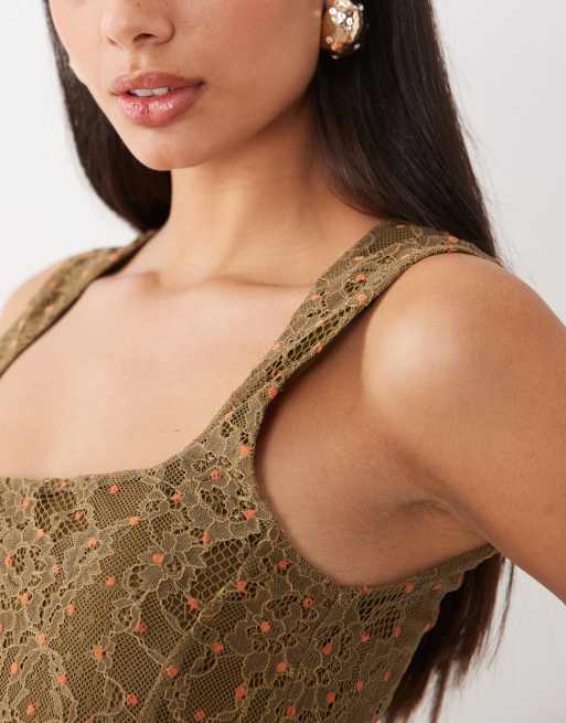 ASOS DESIGN soft square dobby flocked lace singlet in olive, 2 of 4