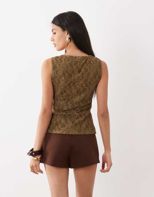 ASOS DESIGN soft square dobby flocked lace vest in olive, 3 of 4