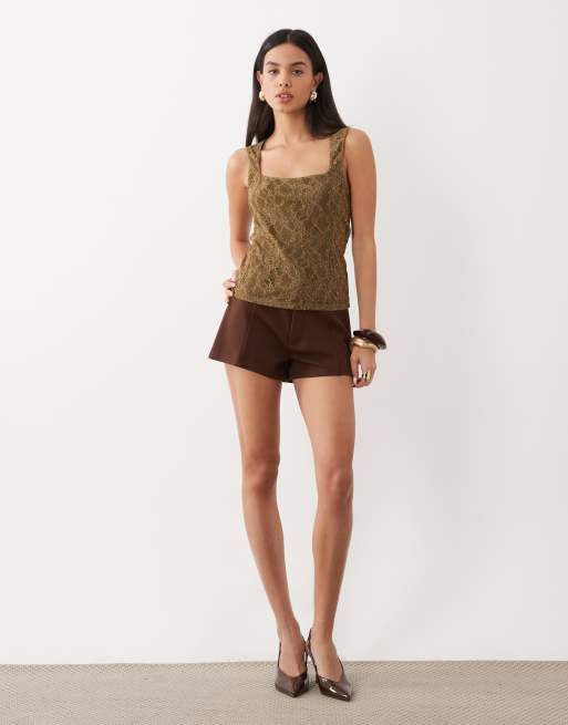 ASOS DESIGN soft square dobby flocked lace vest in olive, 4 of 4