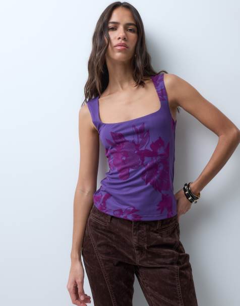 ASOS DESIGN soft square dobby flocked mesh singlet in purple floral - view 1