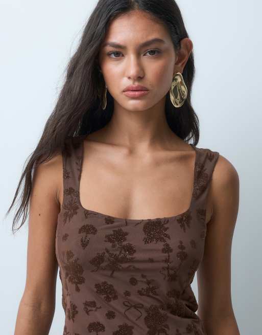 ASOS DESIGN soft square glitter flock singlet in brown, 2 of 5