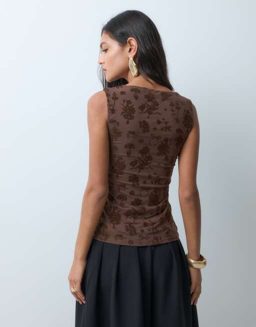 ASOS DESIGN soft square glitter flock tank top in brown, 5 of 5