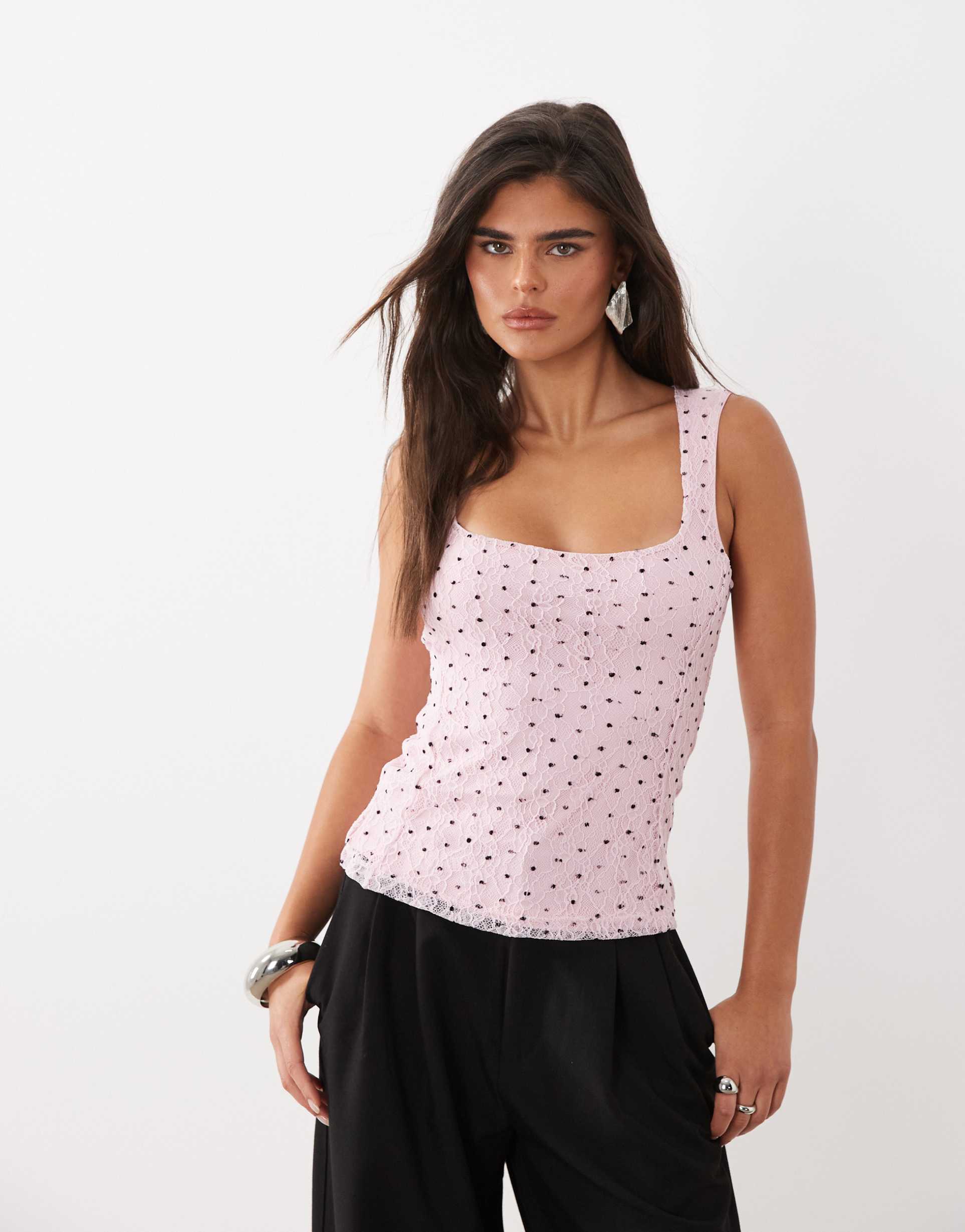 asos design soft square textured lace tank top in pink spot