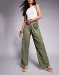 [ASOS DESIGN] ASOS DESIGN soft straight leg pants with drape waist detail in olive-Green 14 Olive