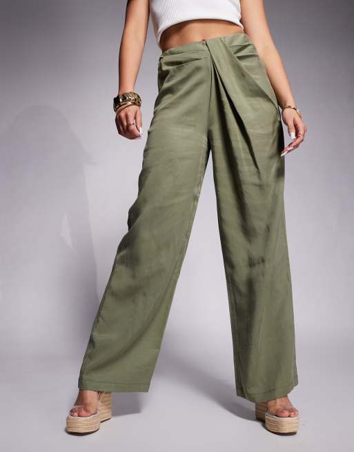 ASOS DESIGN soft straight leg pants with drape waist detail in olive, 2 of 5