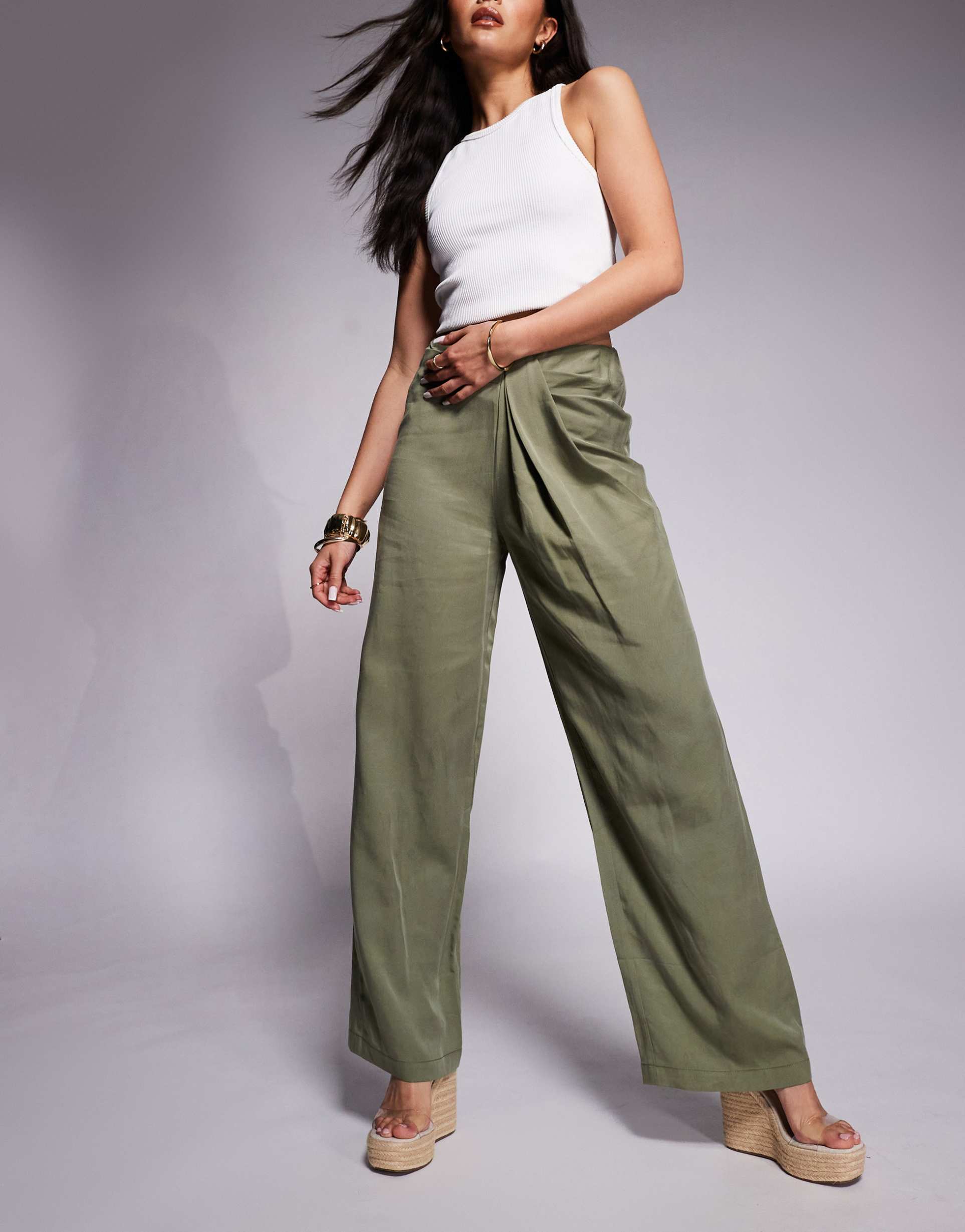 asos design soft straight leg pants with draped waist detail in olive green