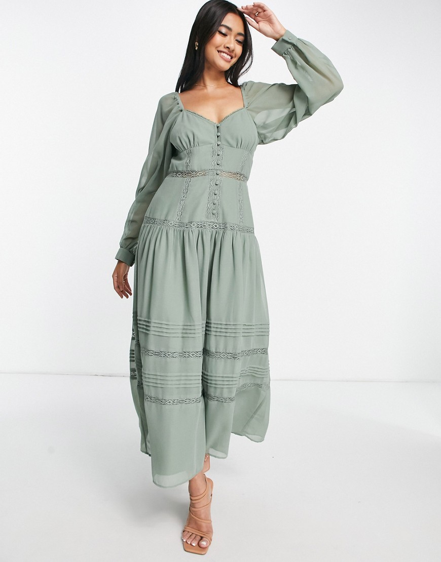 ASOS DESIGN soft sweetheart neck long sleeve button through midi dress with lace inserts in khaki-Green