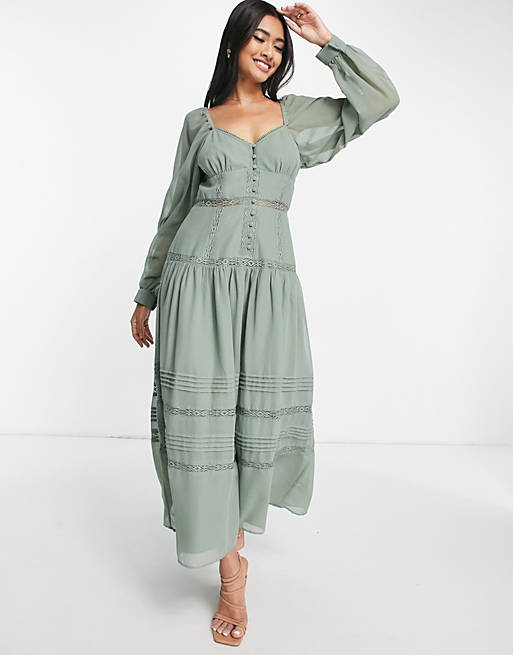  soft sweetheart neck long sleeve button through midi dress with lace inserts in khaki 