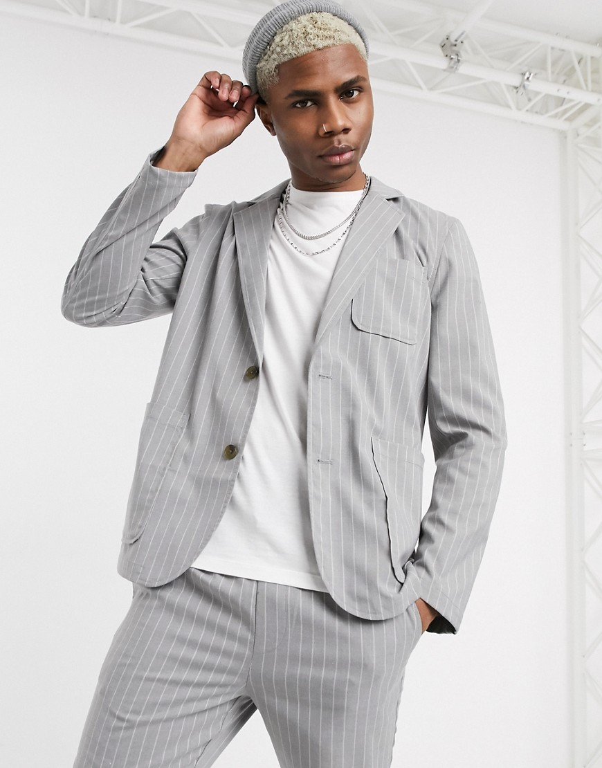 ASOS DESIGN soft tailored blazer with square pockets in gray pinstripe-Grey