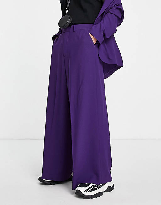 ASOS DESIGN soft tailored extreme wide leg suit pants in dark purple ...