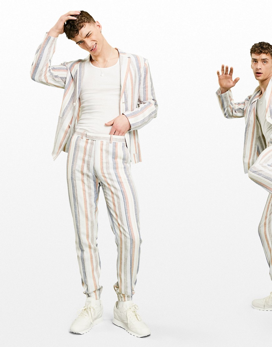 ASOS DESIGN soft tailored linen slim suit pants multi stripe in white and blue
