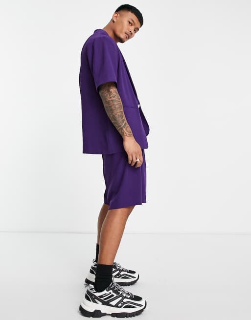 ASOS DESIGN soft tailored pleated wide leg Bermuda suit shorts in dark purple crepe