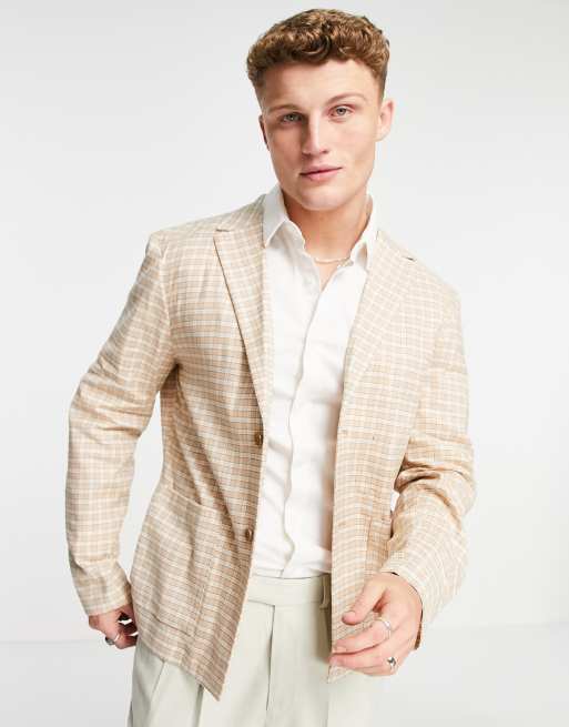 ASOS DESIGN soft tailored skinny linen blazer with micro check in camel