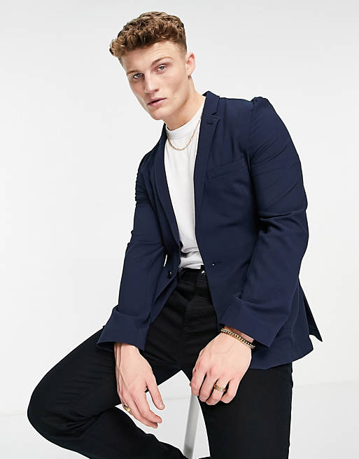 Suits soft tailored super skinny  blazer in navy seersucker 
