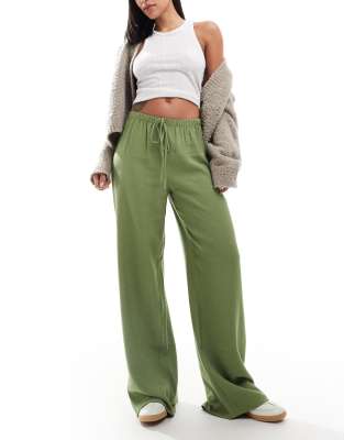 ASOS DESIGN soft tailored wide leg pull on trouser in olive green