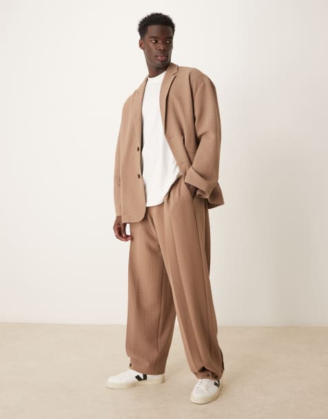 ASOS DESIGN soft tailored wide suit pants in brown seersucker - view 1