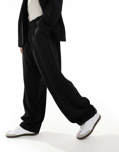 ASOS DESIGN soft tailored wide suit trousers in black seersucker - view 1