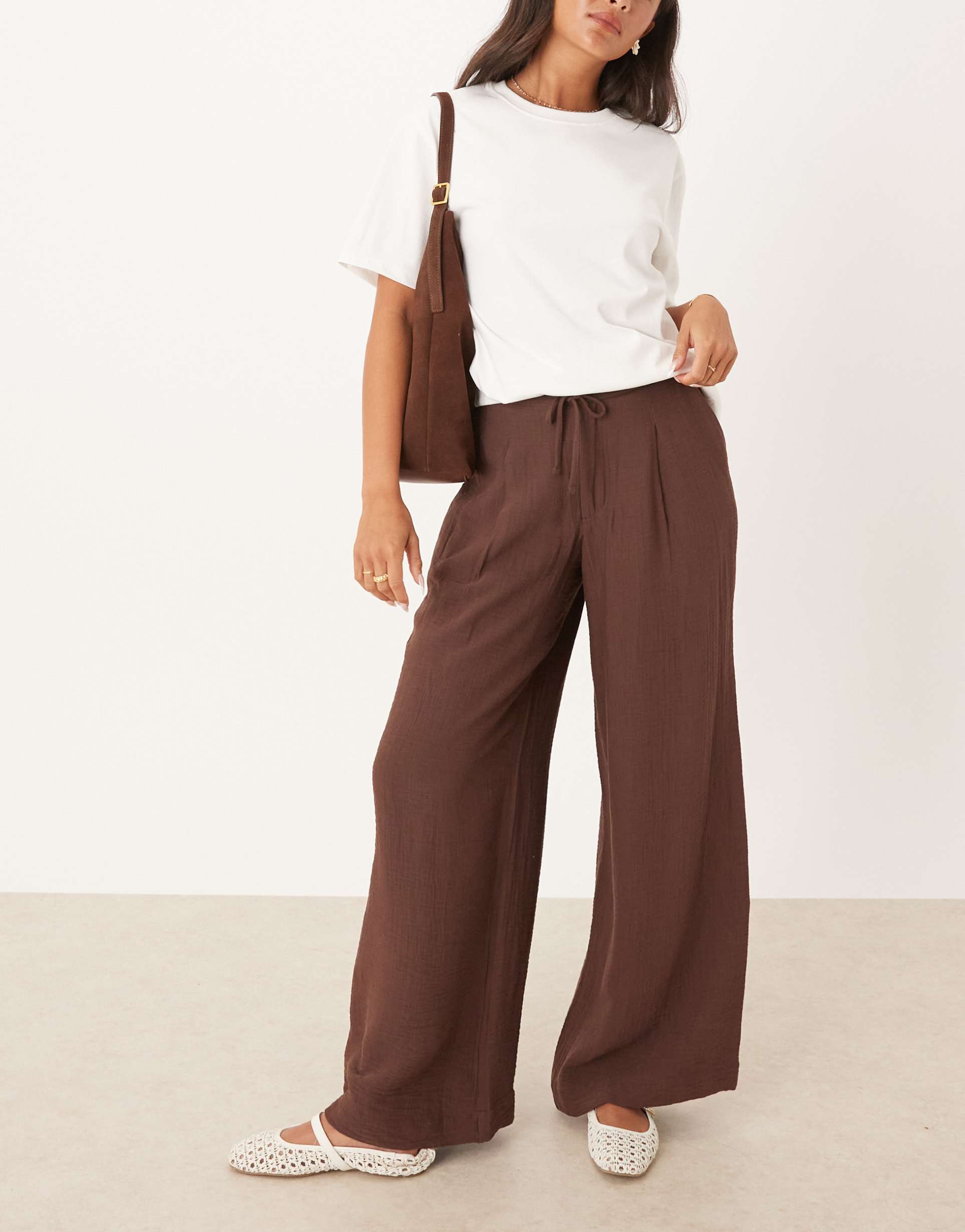 asos design soft texture wide leg pants in chocolate