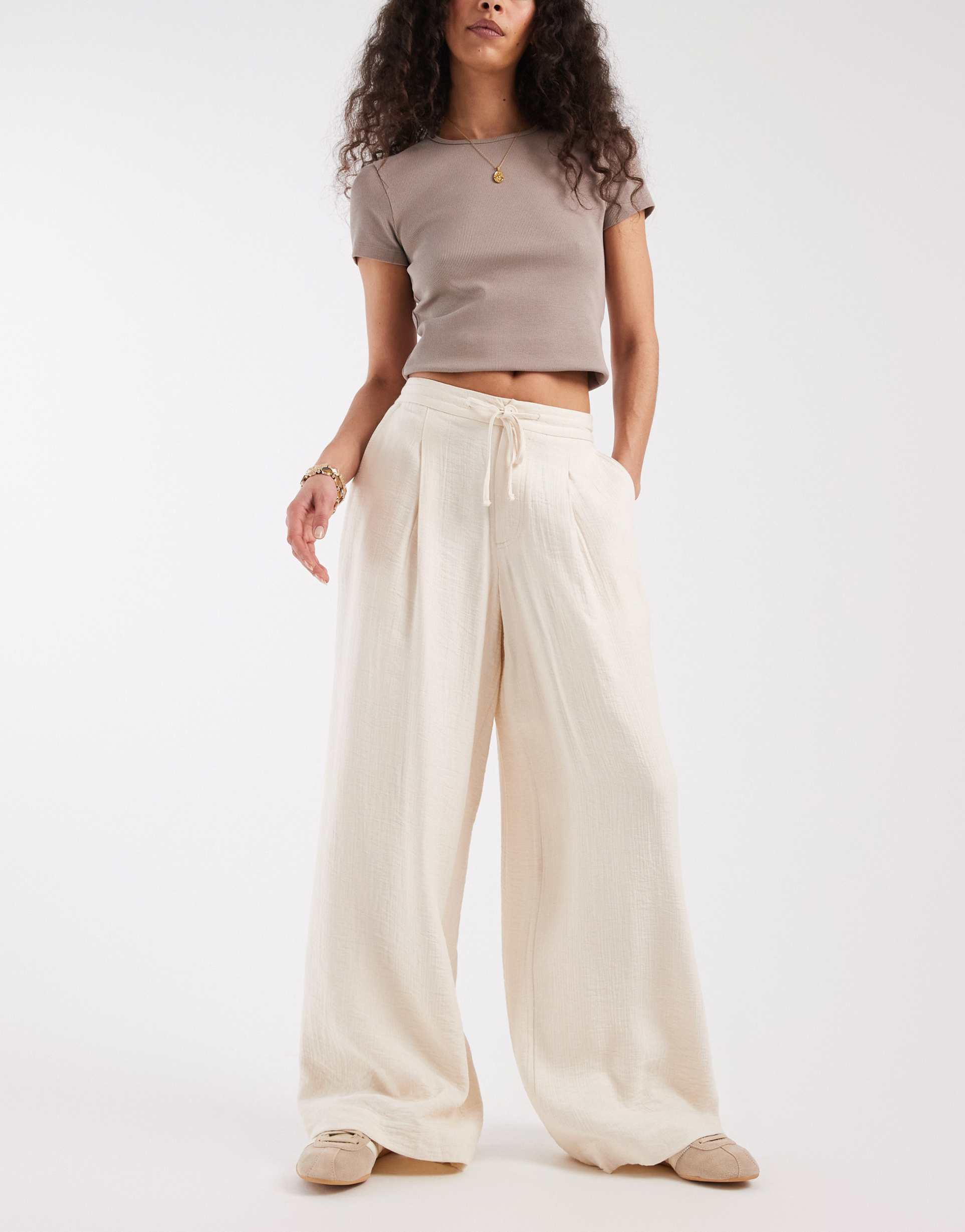 asos design soft texture wide leg pants in cream