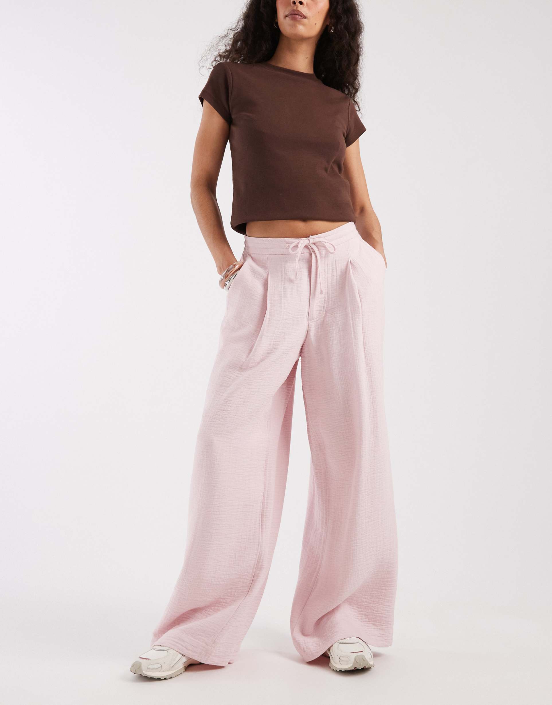 asos design soft texture wide leg pants in pink