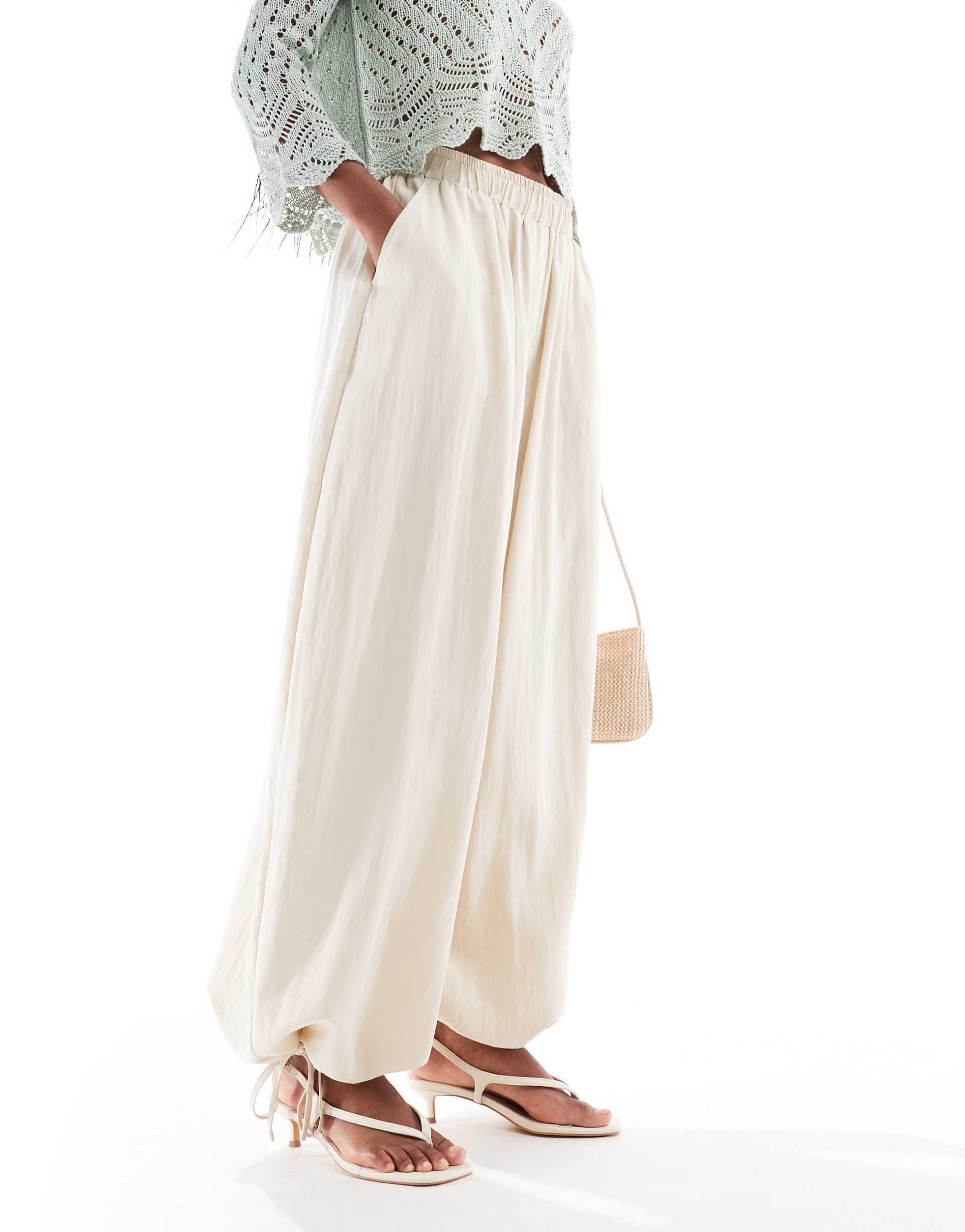 asos design soft textured oversized billow pants with tie hem in buttermilk