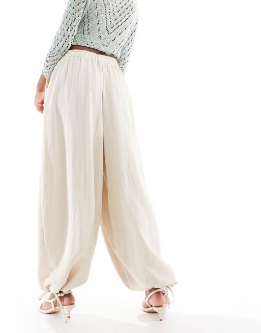 ASOS DESIGN soft textured oversized billow pants with tie hem in buttermilk