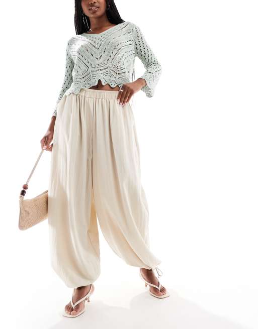 ASOS DESIGN soft textured oversized billow pants with tie hem in buttermilk