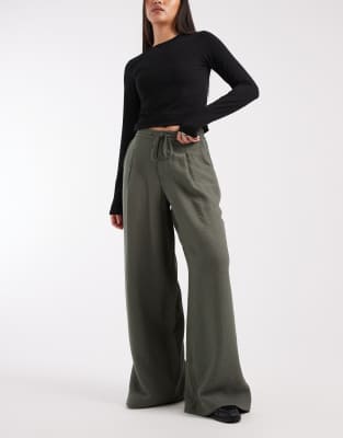 Asos Design Soft Textured Wide Leg Pants In Green
