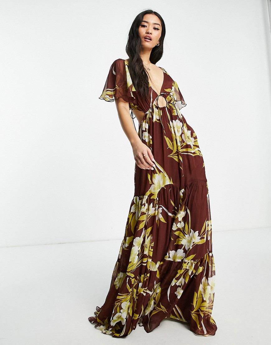ASOS DESIGN soft tiered maxi dress with tie front in large scale floral-Multi
