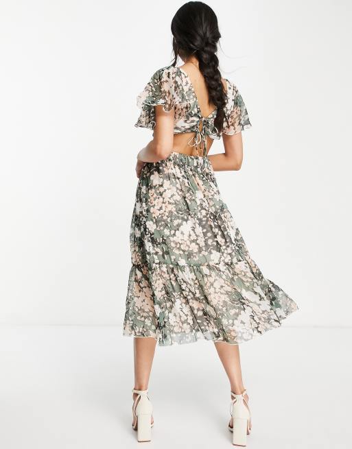 ASOS DESIGN soft tiered midi dress with tie front in blurred floral print, 2 of 4