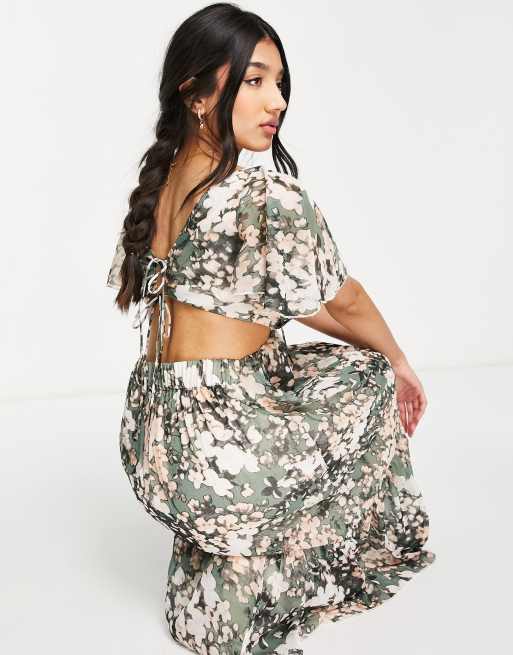 ASOS DESIGN soft tiered midi dress with tie front in blurred floral print, 4 of 4
