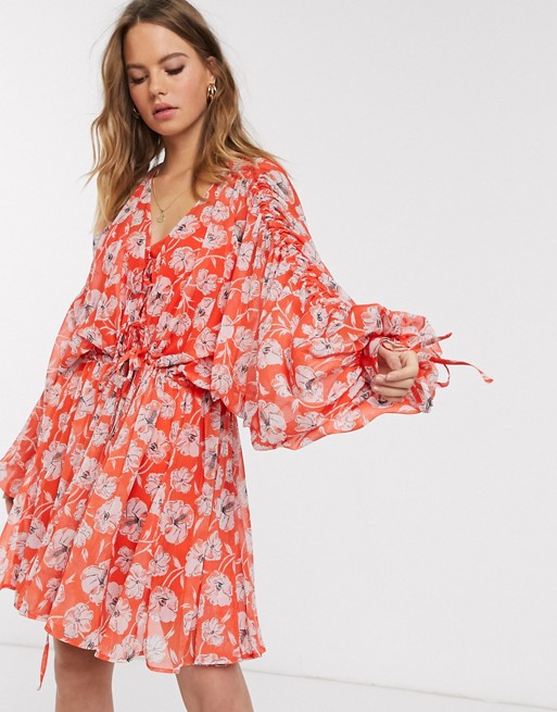 ASOS DESIGN soft tiered mini dress with drawstring details in red poppy floral