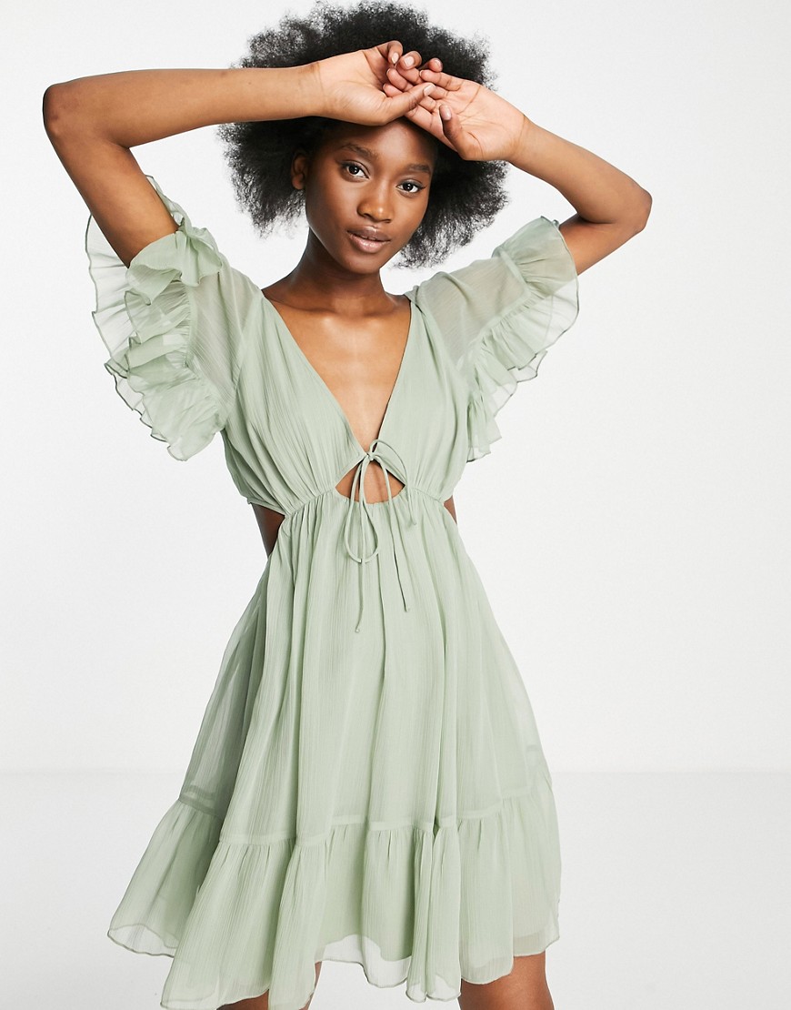 ASOS DESIGN soft tiered mini dress with tie front-Green
