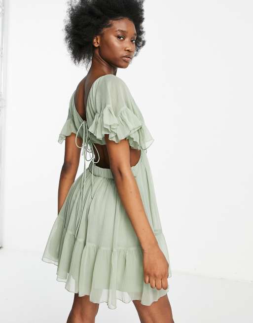 asos design soft mini dress with waist detail ASOS DESIGN soft layered mini dress with tie waist detail in cream