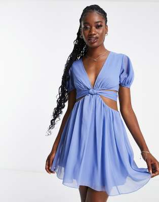 Asos Design Soft Tiered Mini Dress With Tie Waist Detail In Blue